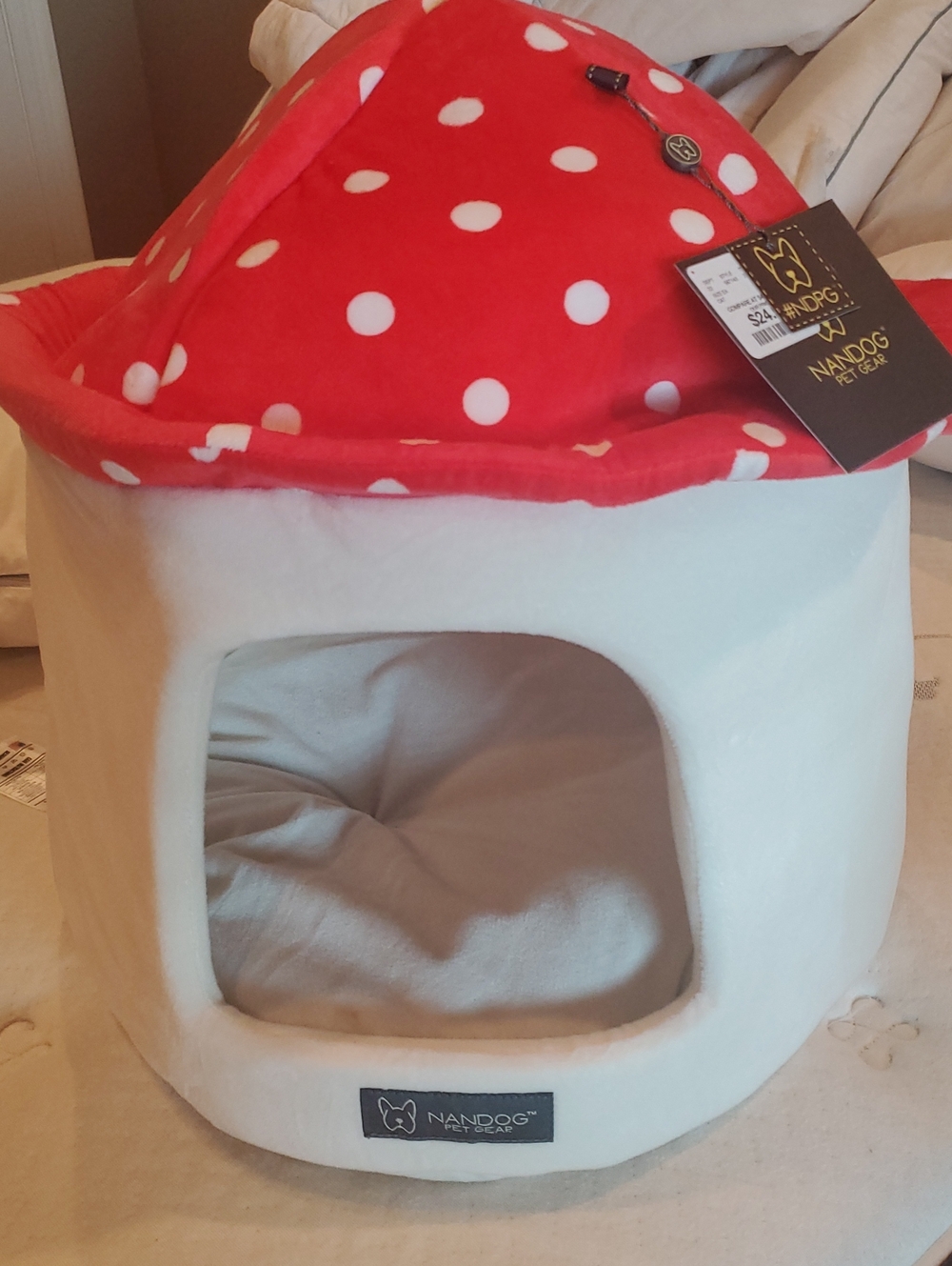 Nandog Red Polka Dot Plush Pet Cave Bed
